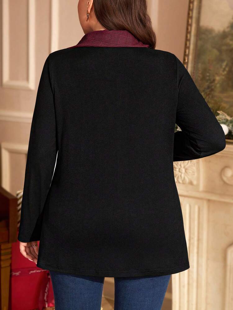 Plus Size Women Casual Plaid Patchwork 2 In 1 T-Shirt Top, , Long Sleeve Black Top, ,New Year,Thanksgiving,Comfortable And Breathable,Spring/Summer/Vacation
