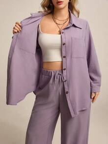 Juhart Plus Size Solid Color Drop Shoulder Long Sleeve Loose Front Button Casual 2 Pieces Set - Purple - View 5