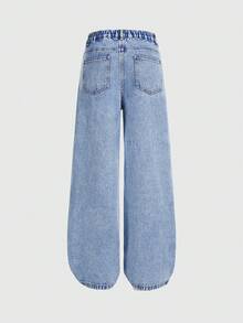 SHEIN Teen Girls' Straight Leg Jeans,Blue Y2K Denim,Summer Sweet 16 Back-To-School,Bow Embroidery Rhinestone Decor Relaxed Fit Cotton Elastic Waistband - Medium Wash - View 2