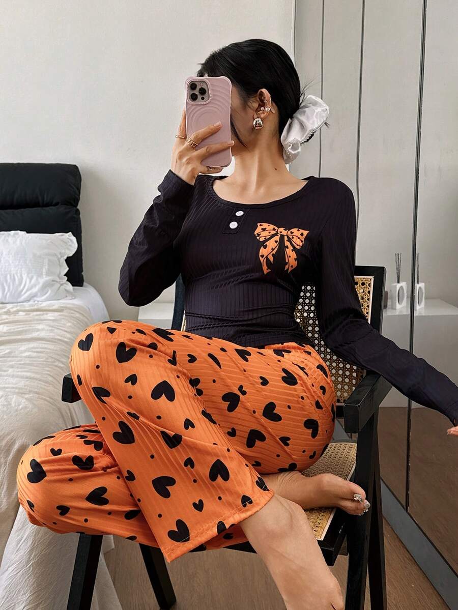 SHEIN 蝴蝶结爱心罗纹圆领长袖上衣和裤子休闲女式睡衣套装，冬季服装 - 黃色 - 查看 1