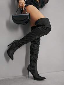 CUCCOO SZL Botas altas de tacón puntiagudo negro brillante para mujer, clásicas y versátiles para ir al trabajo, citas, fiestas y vacaciones