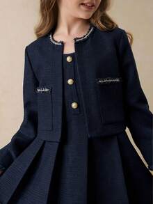 青少年女孩优雅别致的时尚中式立领长袖短款粗花呢夹克搭配圆领无袖高腰短裙套装，适合返校、毕业、正式场合、万圣节、圣诞节、秋冬 - 藏蓝色 - 查看 4