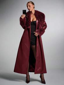SHEIN BAE 女士时尚街头 PU 皮革拼布仿毛领超长外套，秋冬 - 酒紅色 - 查看 1