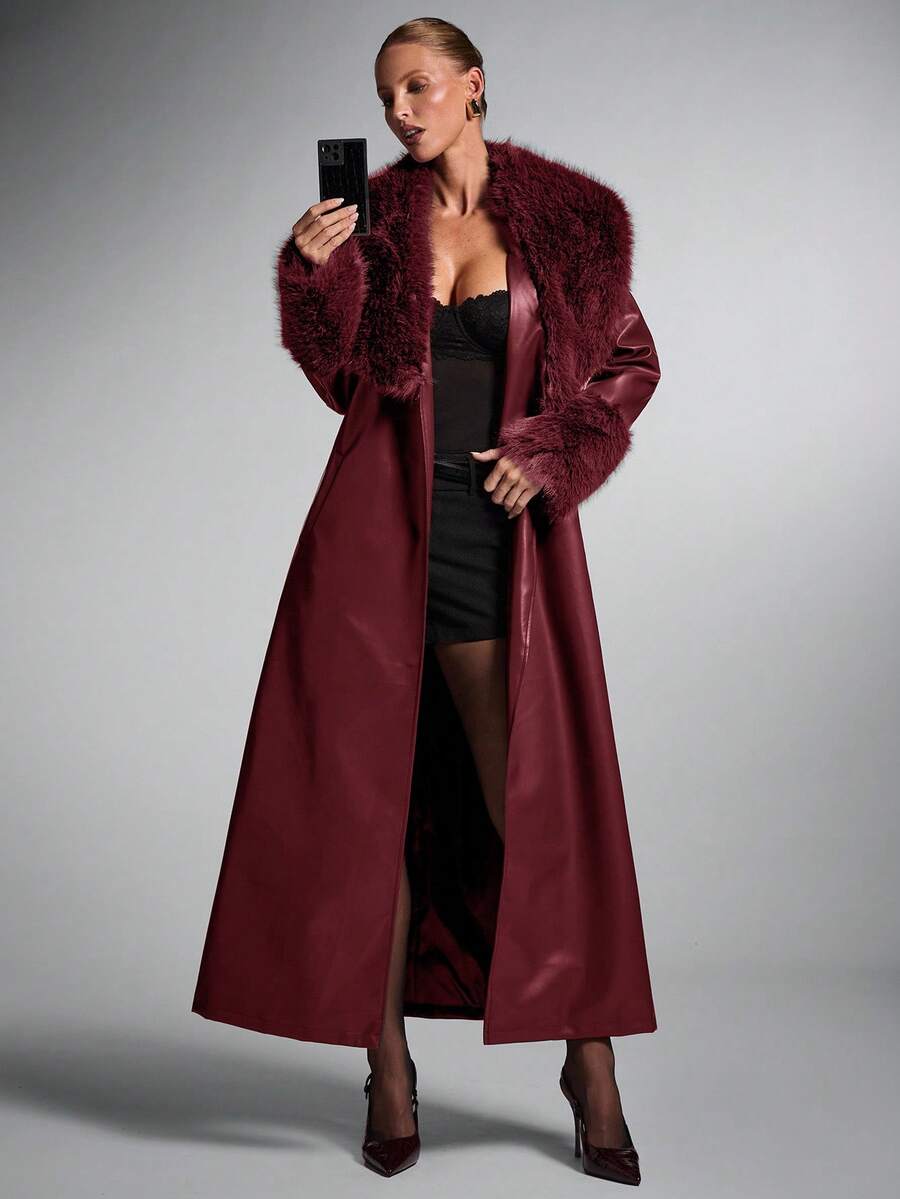 SHEIN BAE 女士时尚街头 PU 皮革拼布仿毛领超长外套，秋冬 - 酒紅色 - 查看 1