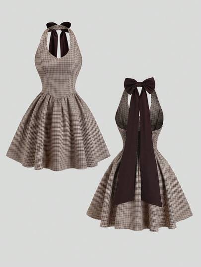 Sweetra Damska sukienka mini w stylu vintage z eleganckim wzorem w talii, w kolorze kawy w kratę, jesień/zima