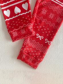 Pijama de 2 piezas de manga larga y pantalones con estampado de la serie navideña para niñas, elegante y cómodo, ajuste ceñido - Rojo - Ver 7