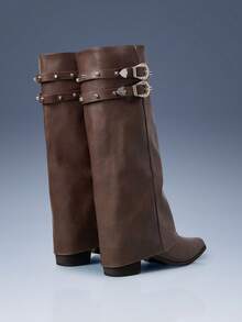 CUCCOO GRLICON 棕色铆钉高筒靴，铆钉尖头高筒皮靴，棕色铆钉高筒靴，适合万圣节、圣诞节、派对装扮 - 咖啡棕 - 查看 3