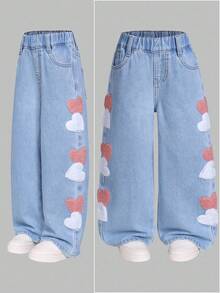 2025 Herbst/Winter Neue Jeans für Kleine Mädchen, modische Herz-Stickerei Lässig Straight Leg Loose Fit Thermofutter Jeans, bequeme Vintage gewaschene Blau Jeans mit mittlerer Taille, geeignet für Straße, Lässig, Retro, Streetwear, Loose, Straight Leg, Fitted, Alltag, Schule, Pendeln, Party, Zuhause, Halloween - Mittele Waschung - Übersicht 8