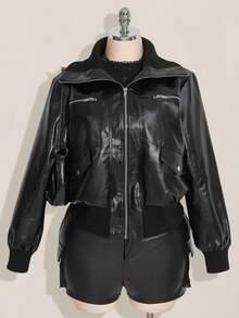 SHEIN ICON Plus Size Black Retro Y2K PU Leather Jacket, Autumn/Winter