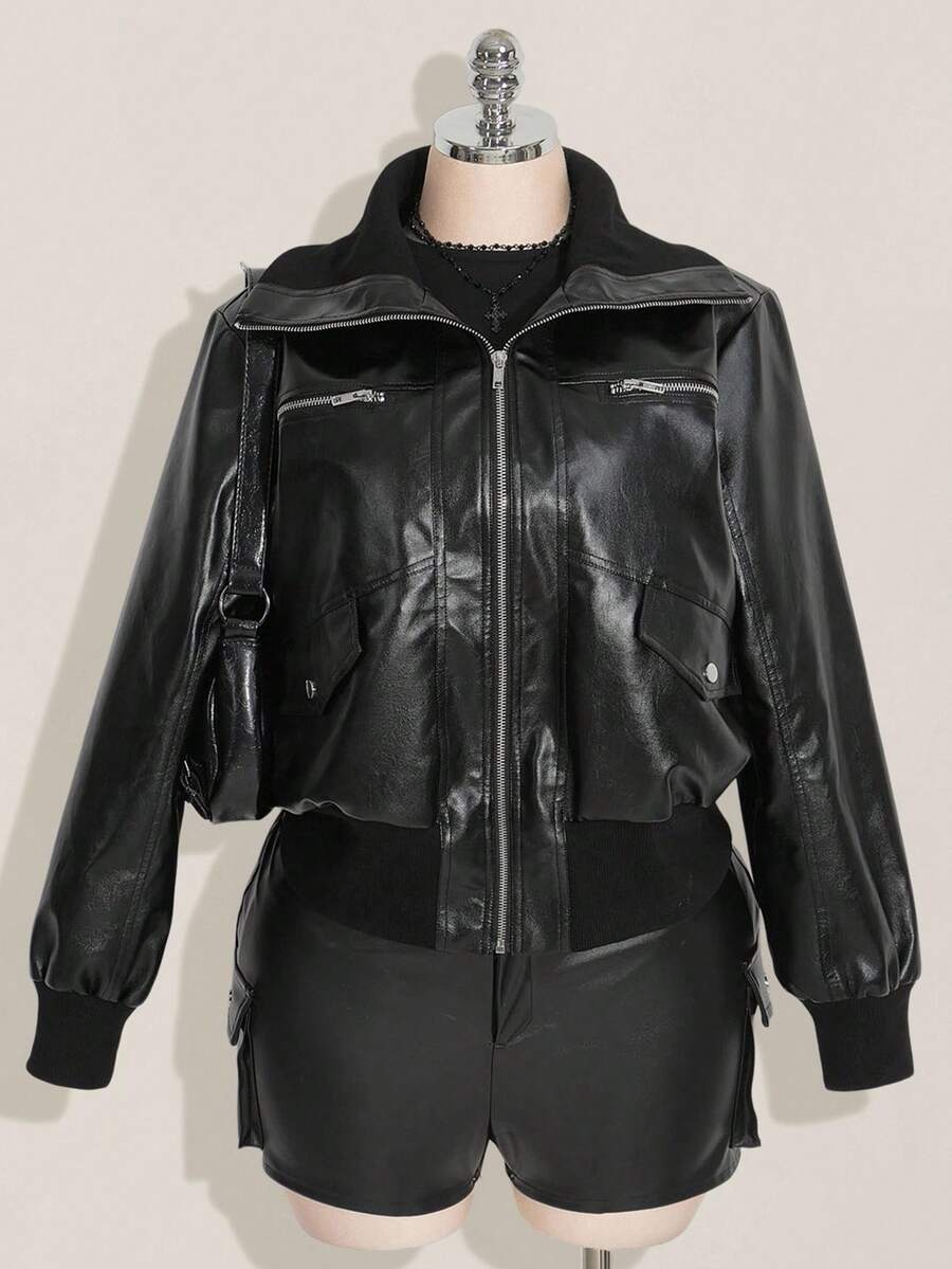 SHEIN ICON Plus Size Black Retro Y2K PU Leather Jacket, Autumn/Winter