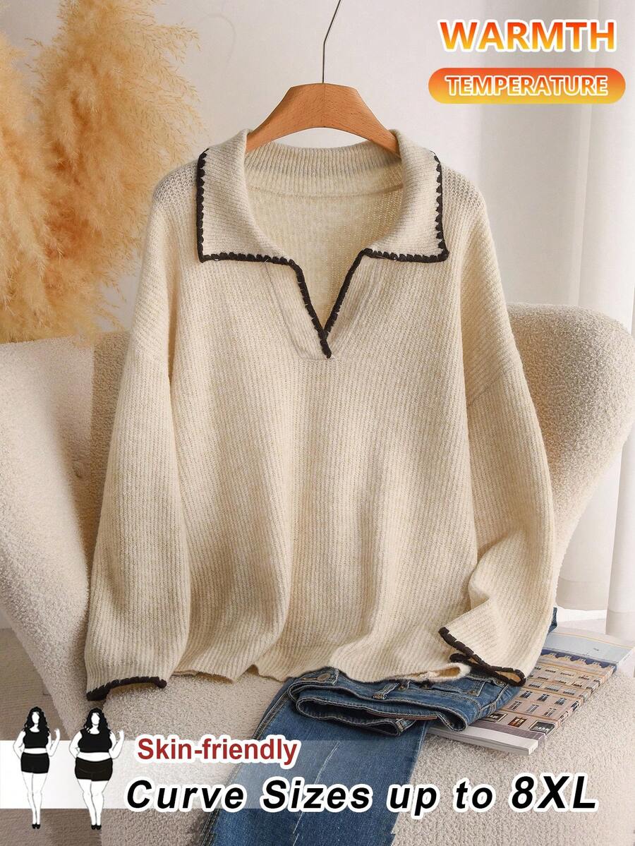 SHEIN CURVE+ 大码休闲撞色狗牙边翻领V领女式套头毛衣秋冬装女士 - 杏色 - 查看 1
