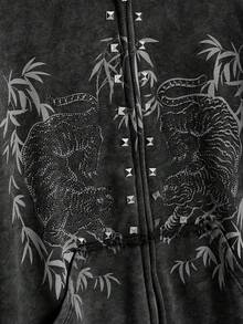 ROMWE Grunge Punk Y2K Punk Rivet Design Bamboo Leaf Tiger Print Oversized Women Sweatshirt - Black - View 4