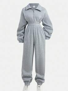 SHEIN Girlism Teen Girls Thermal Lined Half-Open Lapel Zip-Up Sweatshirt High Waisted Thermal Lined Pants Jumpsuit,Suitable For Autumn And Winter, Leisure - Grey - View 3