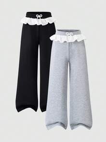 SHEIN 2 件青少年女孩休闲百搭百搭街头口袋宽松阔腿撞色腰带设计运动裤，秋冬 - 彩色 - 查看 3