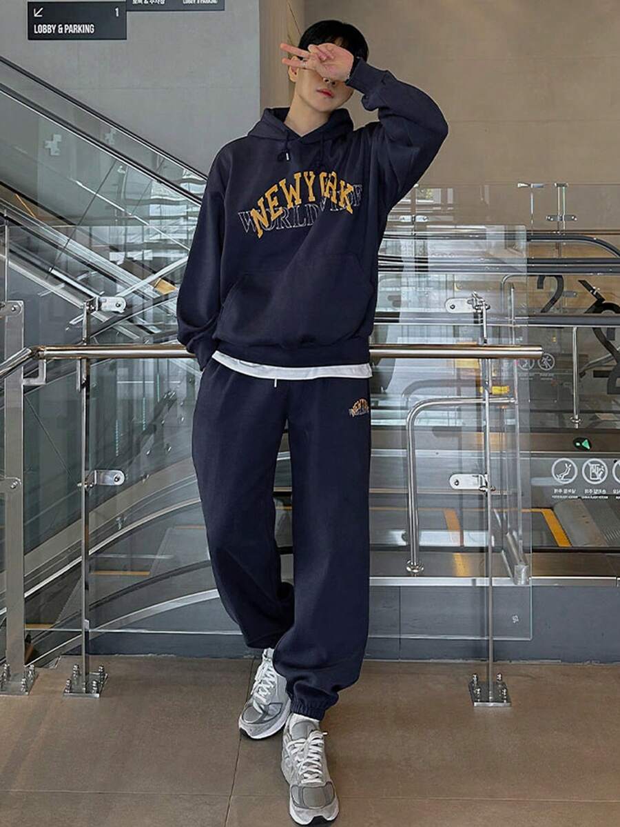 DAZY Navy Blue Men's Letter Print Thermal Lined Hoodie Set, Autumn/Winter - Navy Blue - View 1