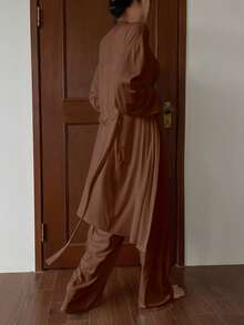 DAZY 2pcs Minimalist Soft Belted Robe & Straight Leg Pants Loungewear Set, Winter Clothes - Brown - View 2