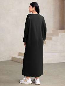 Graceveil Casual Round Neck Drawstring Decor Loose Brown Long Dress For Women, Autumn/Winter - Black - View 2