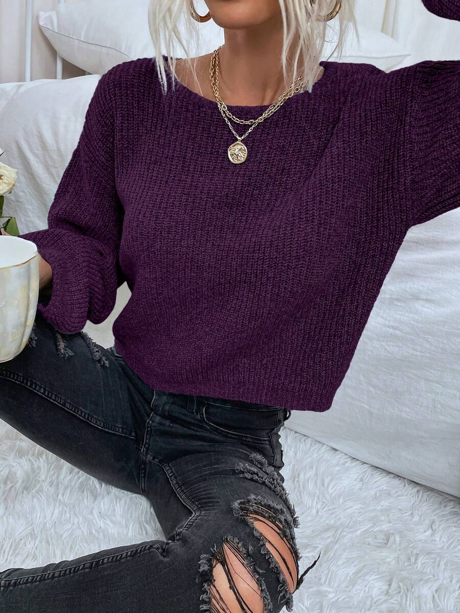 EMERY ROSE Women's Solid Color Minimalist Casual Crew Neck Long Sleeve Sweater - Purple - View 1