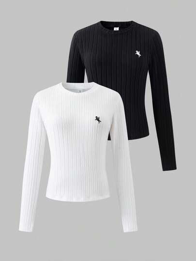 2pcs Classic Black & White Graphic Print Elegant Basic Long Sleeve T-Shirt, Suitable For Layering Or Standalone Wear, Teenage Girls