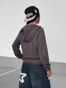 StreetHx 复古美式设计休闲女式深灰色连帽运动衫夹克，秋季 - 灰色 - 查看 2