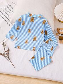 2pcs Young Boy Casual Striped Bear Print Long Sleeve Top And Pants Pajama Set - Blue - View 2
