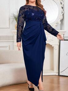 Modelyn Women Plus Size Floral Patchwork Sequin Mesh Slit Hem Elegant Midi Dress - Navy Blue - View 5