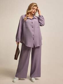 Juhart Plus Size Solid Color Drop Shoulder Long Sleeve Loose Front Button Casual 2 Pieces Set - Purple - View 3
