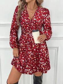 SHEIN Frenchy 女式休闲全印花V领褶饰腰连衣裙，秋季 - 紅色 - 查看 6