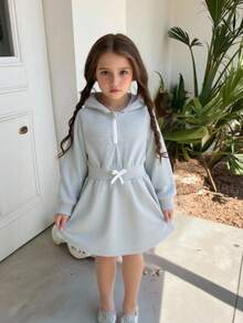 Young Girl Casual Sport Style Half-Zip Up Raglan Long Sleeve Hooded Loose Dress