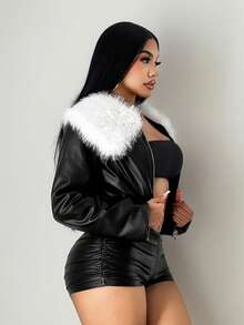 SHEIN SXY Women's Chic PU Leather Padded Coat,Patchwork Faux Fur Collar Zip-Up Wide Hem Jacket,Black And White Winter Night Out Fall Fashion Latina Street - Black and White - View 4