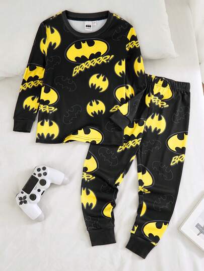 BATMAN X SHEIN 2pcs/Set Young Boy Casual Comfortable Round Neck Long Sleeve Top And Elastic Snug Fit Pants Pajama Set