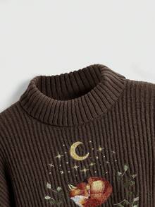 ROMWE Fairycore Áo len cổ cao thêu hình cáo hở vai thường ngày cho nữ, Thu/Đông - màu nâu - Xem 4