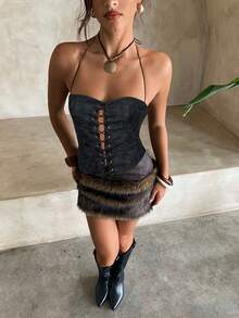 Aloruh Top scurt sexy pentru femei, stil boem, cu imprimeu vintage din piele PU spălată, curea, pentru femei, cu guler halter, negru, top sexy