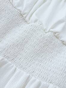 少女白色纹理泡泡面料露肩收腰A字裙，度假白色连衣裙，下午茶裙 - 白色 - 查看 6