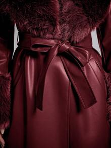 SHEIN BAE 女士时尚街头 PU 皮革拼布仿毛领超长外套，秋冬 - 酒紅色 - 查看 3