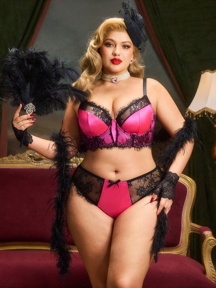 PinupPomp Conjunto de Lingerie com Renda e Recortes para Mulheres Plus Size - Pink - Visão 2
