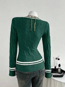 Elamini 休闲百搭拼色条纹扭纹V领毛衣 - 彩色 - 查看 2