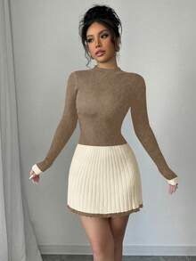 SHEIN Clasi 秋冬新款复古拼布修身针织毛衣裙 - 卡其色 - 查看 5