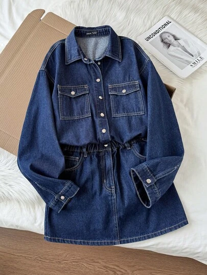 Comfortcana Women's Casual Long Sleeve Single-Breasted Pocket Denim Dress, Autumn Women's Denim Button Up Longsleeve Mini Dress, Casual, Vintage, Fall Women Clothes, Western Wear Women Winter Dresses For Women  One-Piece Dress Ladies Autumn Winter Christmas Party Dress New Year Dress Elegant Dresses For Women
