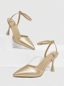 CUCCOO SZL Pointed Toe Backless Strap Elegant Chic Versatile Stiletto High Heels, Gold - Gold - View 2