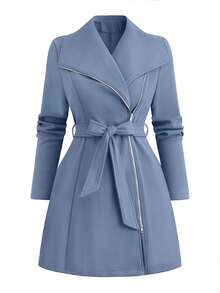 DreamSkyne Plus Size Fashionable Solid Color Woolen Coat With Belt, Versatile For Autumn/Winter - Baby Blue - View 6