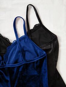 SHEIN 2件套女士蝴蝶结装饰法兰绒蕾丝边吊带睡衣套装，女士睡衣，法兰绒连衣裙，女士内衣睡衣，蓬松舒适的冬季服装 - 彩色 - 查看 3
