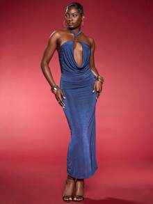 Normani Women's Solid Color Draped Slit Thigh-High Halter Neck Dress, Sexy - Blue - View 2