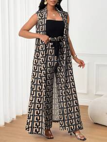 SHEIN Lady 女款印花兩件式工作套裝 米色夏季優雅奢華 Jalabiya Abaya 套裝 時髦長褲與外套 正裝度假度假穿搭 - 彩色 - 查看 6