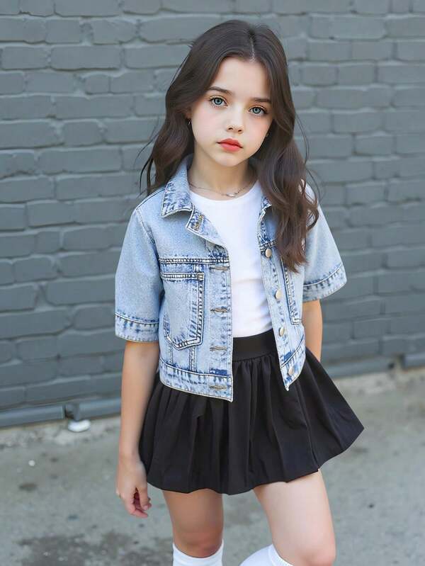 Girls Casual & Versatile Washed Denim Short Jacket And Coat, Fashionable Streetwear Jean Jacket For Kids Boy Baby Clothes Boy Clothes 6 Denim Outfit For Kids Outfit Sets For Kids, School, Campus, College Summer Holiday