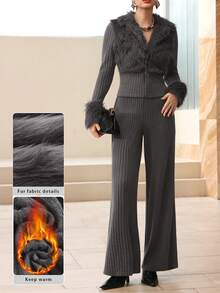 Modelyn 2件套灰色仿皮草针织上衣和直筒裤，秋冬 - 深灰色 - 查看 5