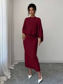 Elenzga Yellow Long Sleeve Top And Straight Skirt 2 Pieces Set, Elegant And Suitable For Party, Commute In Autumn/Winter - Red - View 6