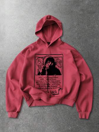 Black Jack X ROMWE Sudadera con capucha con estampado gráfico de dibujos animados para hombres, adecuada para otoño/invierno