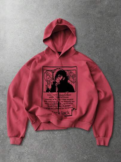 Black Jack X ROMWE Felpa con cappuccio da uomo con stampa grafica a cartone animato, adatta per l'autunno/inverno