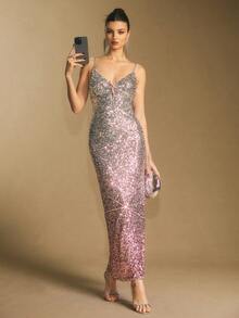 Poéselle 女式纯色亮片金属海星装饰修身优雅吊带背心连衣裙 - 粉色 - 查看 6